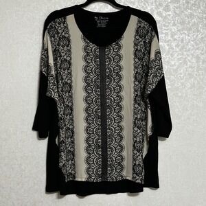 by Chico's Black Cream Lace Print V-neck 3/4 Sleeve Tunic Top Sz 2 L